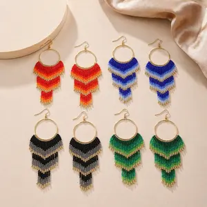 1 pair of bohemian-style glass earrings adorned with gradient long tassels and hand-woven beads. These fashionable long tassel earring are perfect for women and make a wonderful gift.