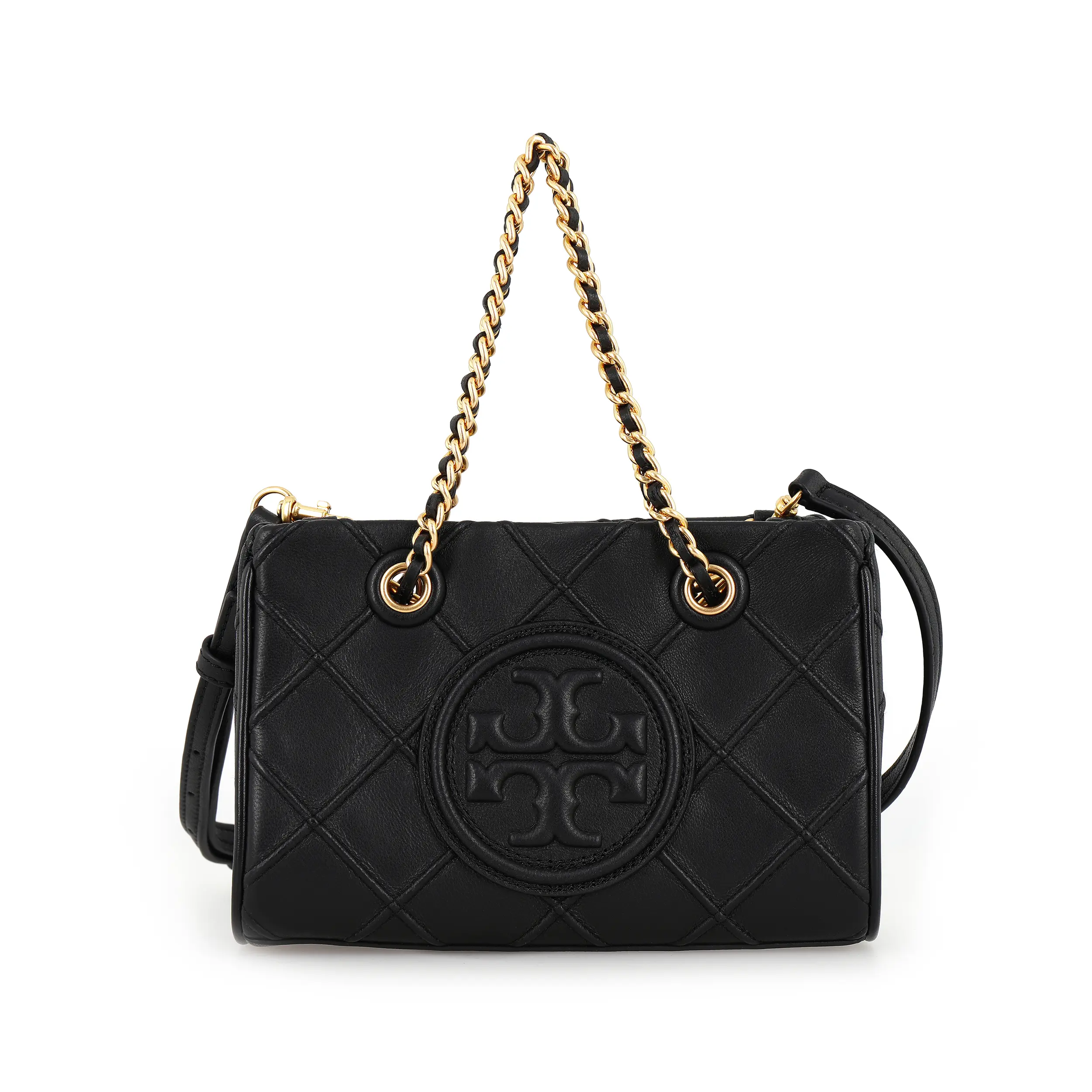 Tory Burch Fleming Textured Monogram Woven Chain Tote Bag for Women – Black Lambskin