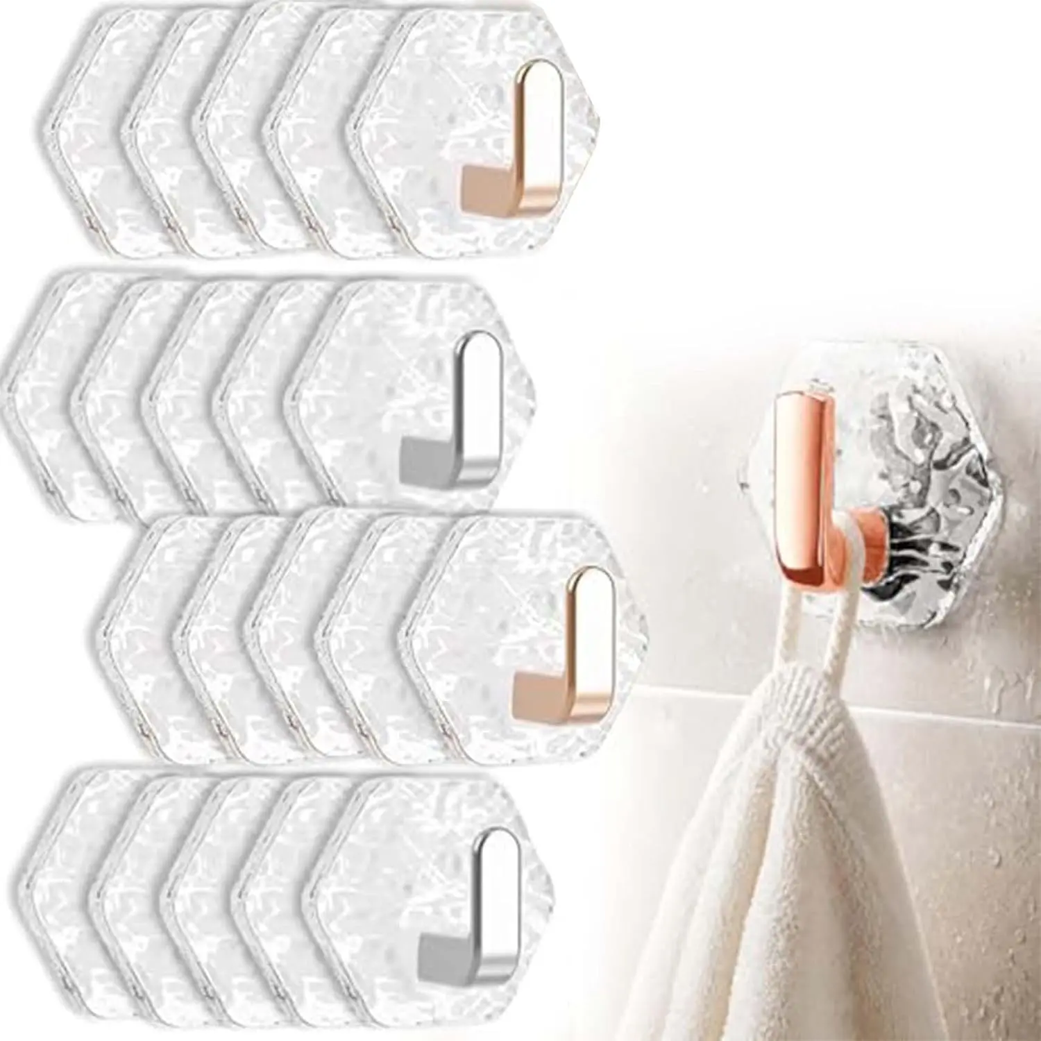 Transparent Water Ripple Hexagon Smooth Sticky Wall Mount Hooks (10/20 Pack) - Non-Drilling Waterproof Removable Wall-Mounted Hooks & Rails, Home Decor Organiser for Towels, Keys, Easy Installation