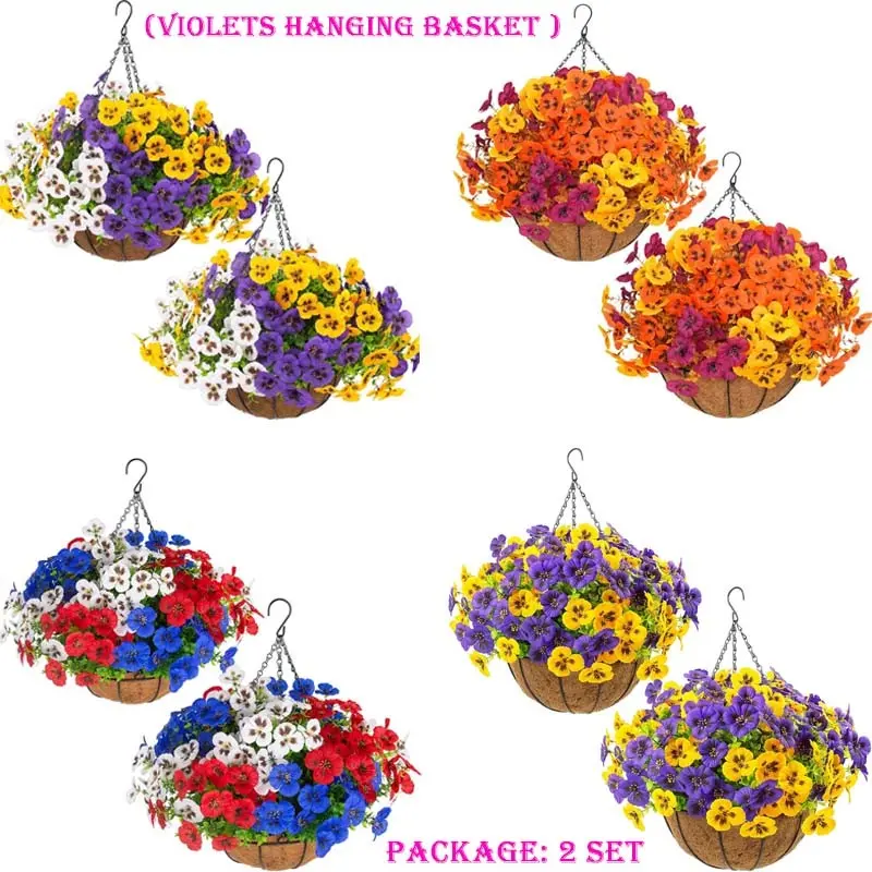 2 Realistic Hanging Flower Pots with 24 Tricolor Pansies and Eucalyptus Leaves, UV Resistant, Indoor/outdoor Decor, Balcony, Patio, Garden
