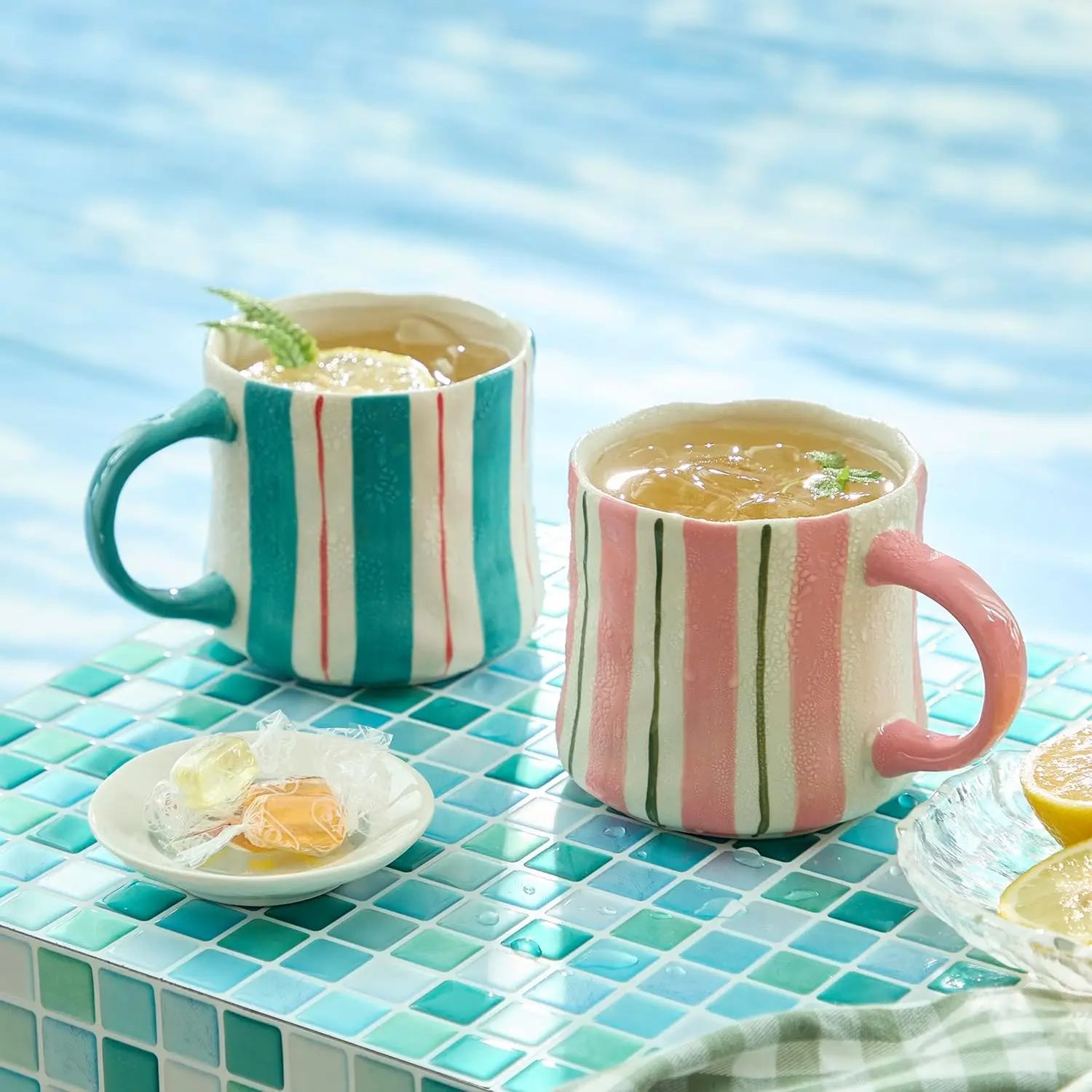 12oz Striped Ceramic Coffee Mugs Set of 2, Pink & Green Stackable Stoneware Mugs, Dishwasher & Microwave Safe for Coffee Tea Cocoa, Gift Set for Home & Office