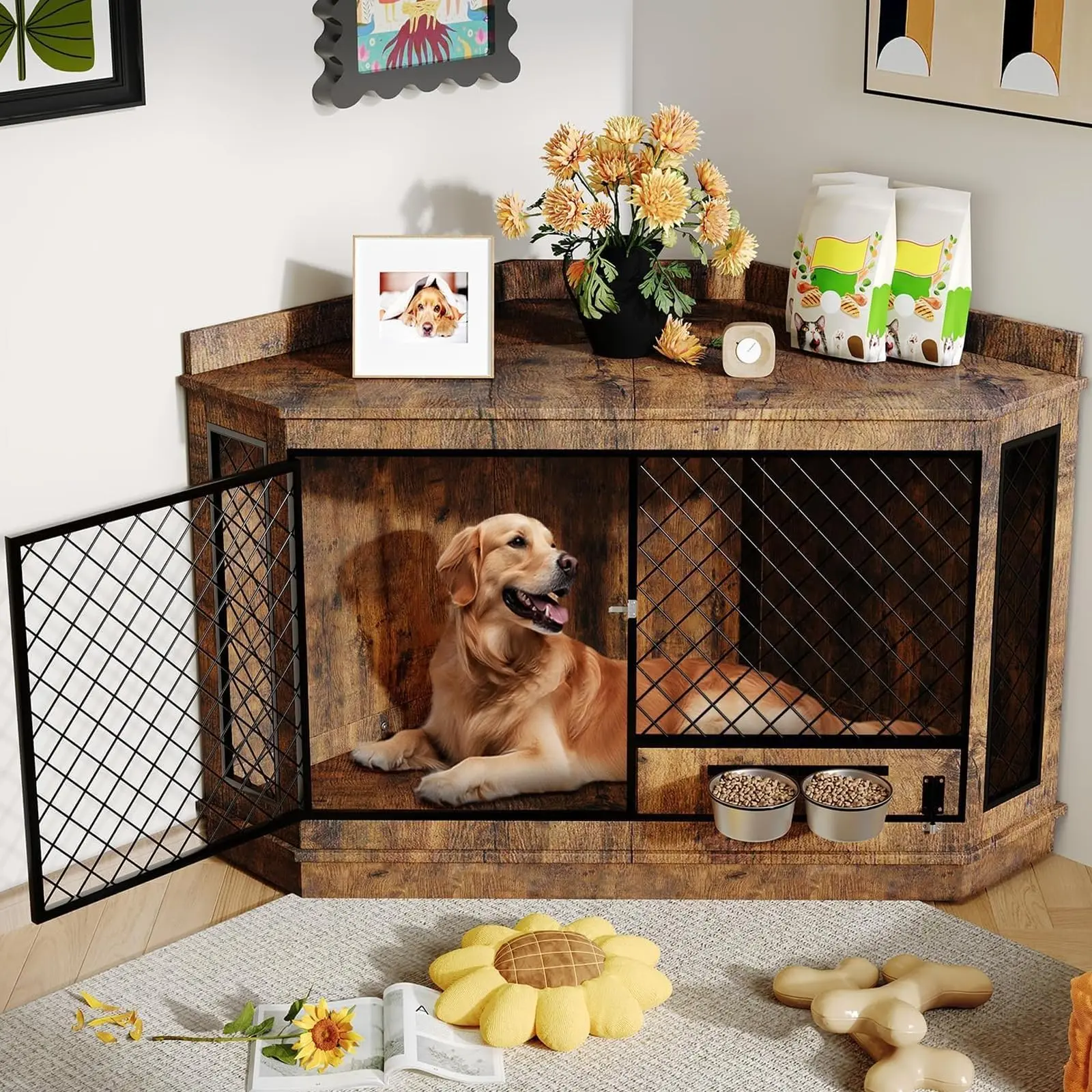52 Inch Corner Dog Crate Furniture with 360° Rotating Feeder - Heavy Duty Wooden Corner Dog Kennel End Table TV Stand with Stainless Steel Bowls for Medium Large Dogs