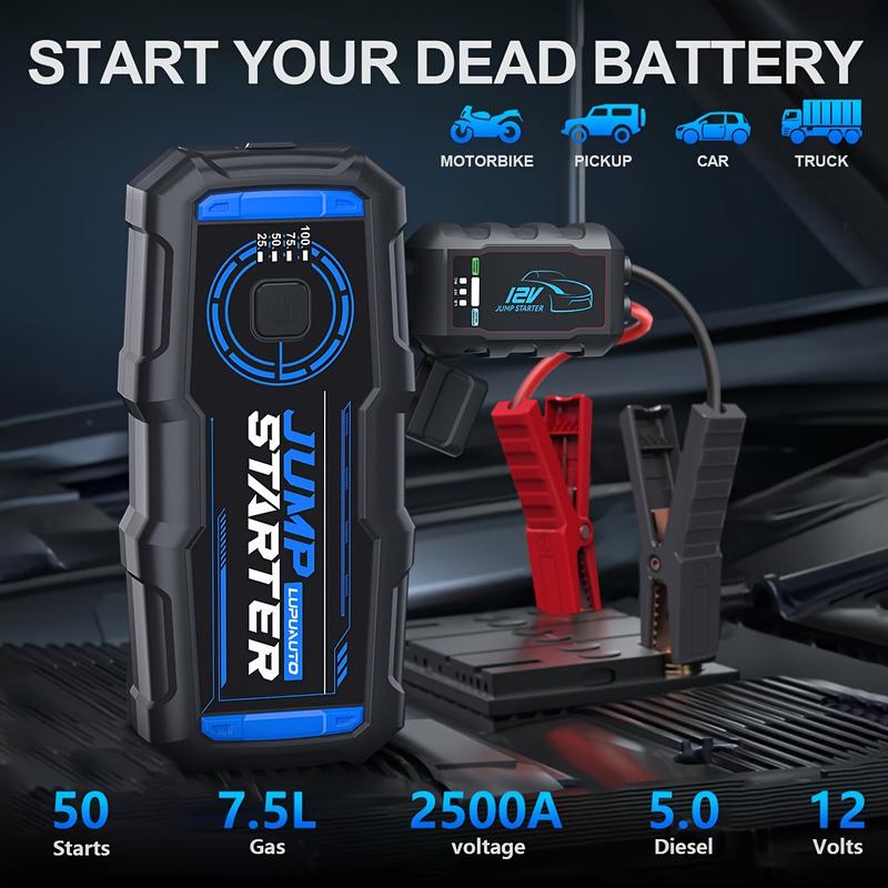 LUPUAUTO 2500A Portable Wireless Air Compressor Jump Starter with Digital Tire Inflator 150PSI Battery Pack USB Input Output LED Emergency Accessories Tools