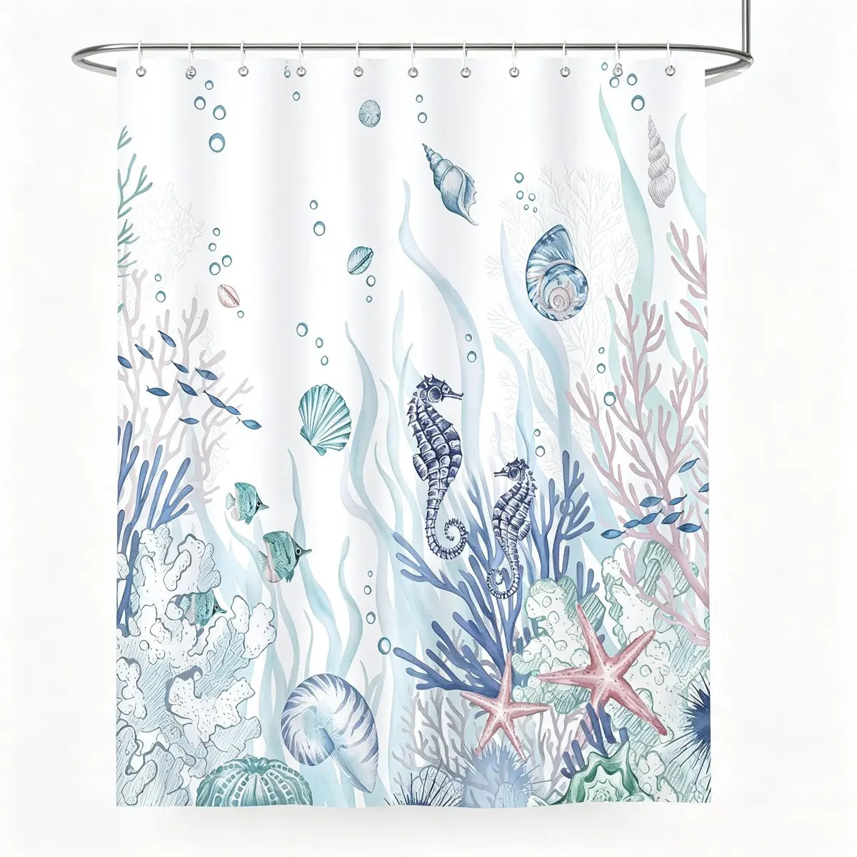 Watercolor Underwater Seahorse Coral Seashell Shower Curtain, Coastal Ocean Beach Themed Decorative Bath Curtain for Bathroom