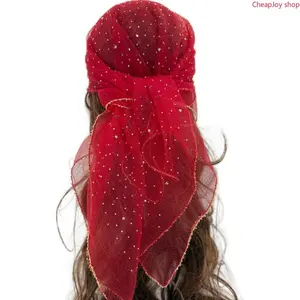 Bubble Gauze Square Chiffon Scarf, sheer lightweight fabric trimmed with hotfix rhinestones and delicate bead edging, elegant women’s wrap accessory for daily styling, church head covering and formal party outfit matching