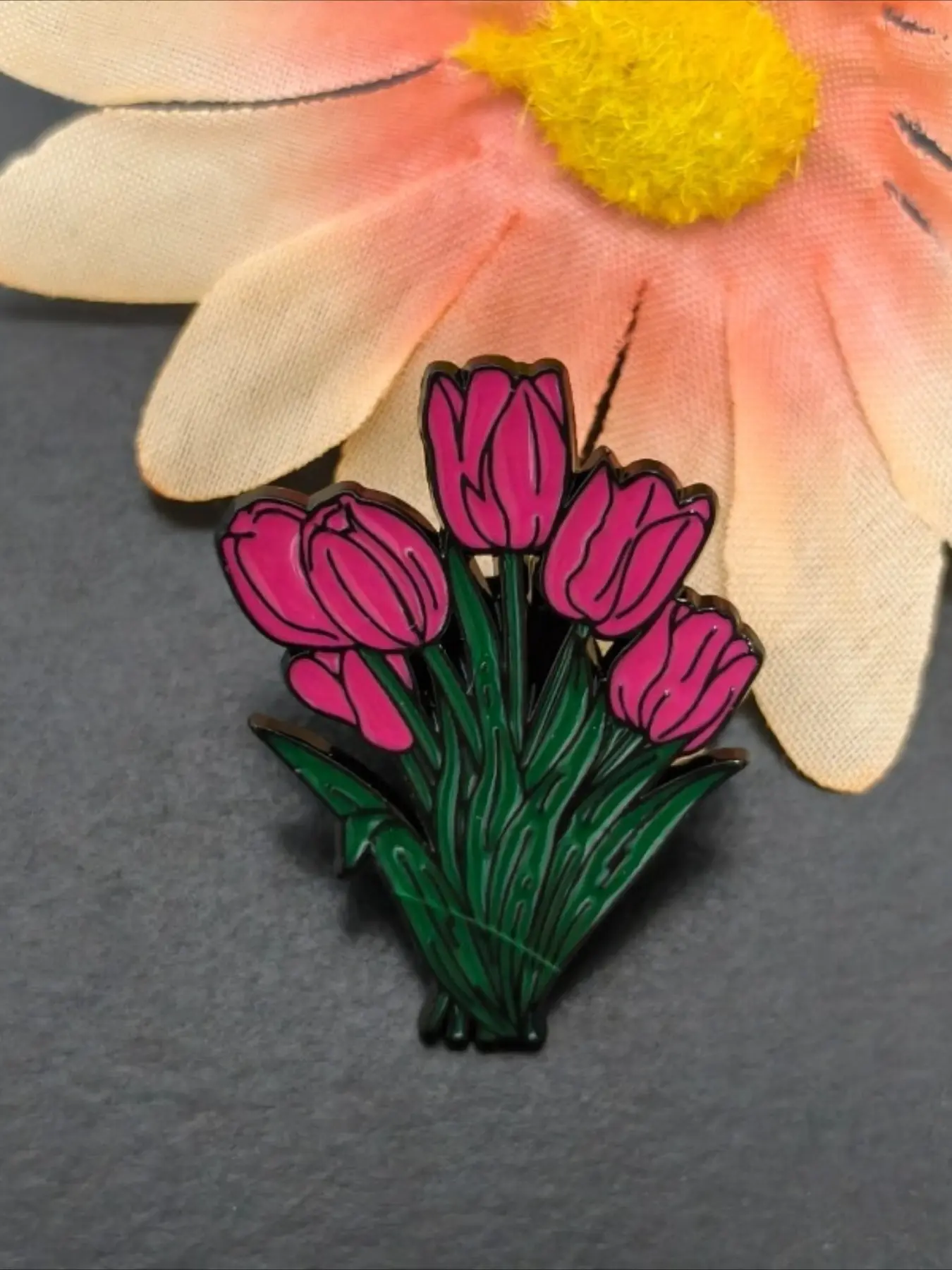 Dark Pink Tulip Bouquet Enamel Pin, Fresh Spring Floral Brooch, Botanical Lapel Badge for Jackets Backpack Hats, Perfect Gift for Plant & Flower Lovers