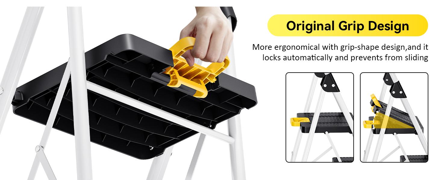 3 Step Folding Ladder, 800lbs Capacity Step Stool with Safety Lock, Non-Skid Wide Pedals, and Handrail, Lightweight, Household Ladder for Home, Kitchen, Pantry, Closets, and Office Use, White