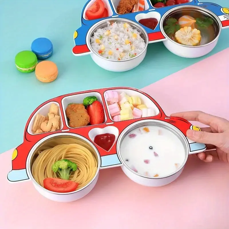 Cartoon Car‑Shaped Children Dinner Tray, Detachable Stainless Steel Bowl Compartments with Transparent Lid for Kid Meal Serving