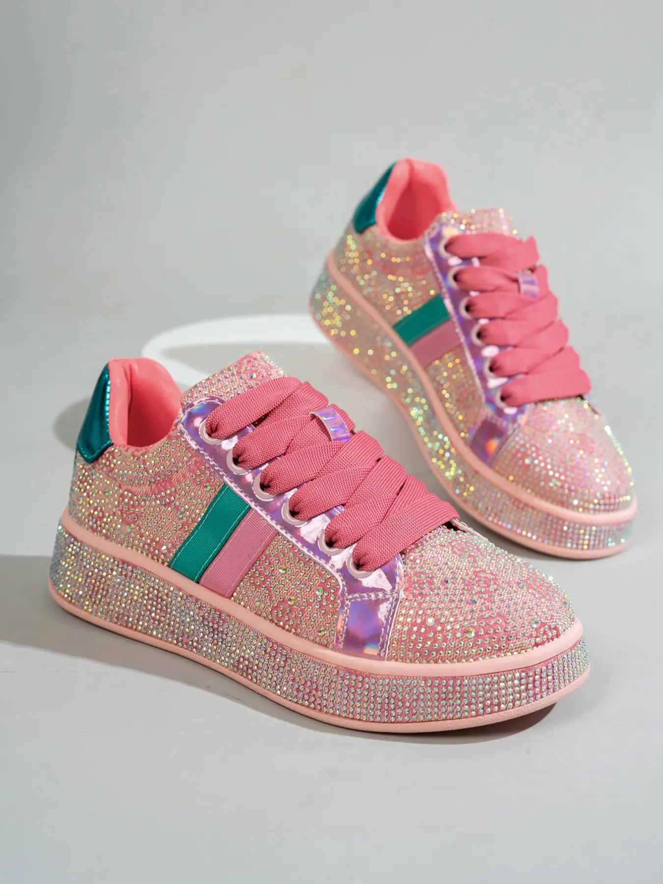 Women's Rainbow Full Rhinestone Color Block Heeled Wedge Thick Sole Invisible Stretch Loose Round Toe Sparkle Design Dad Shoes