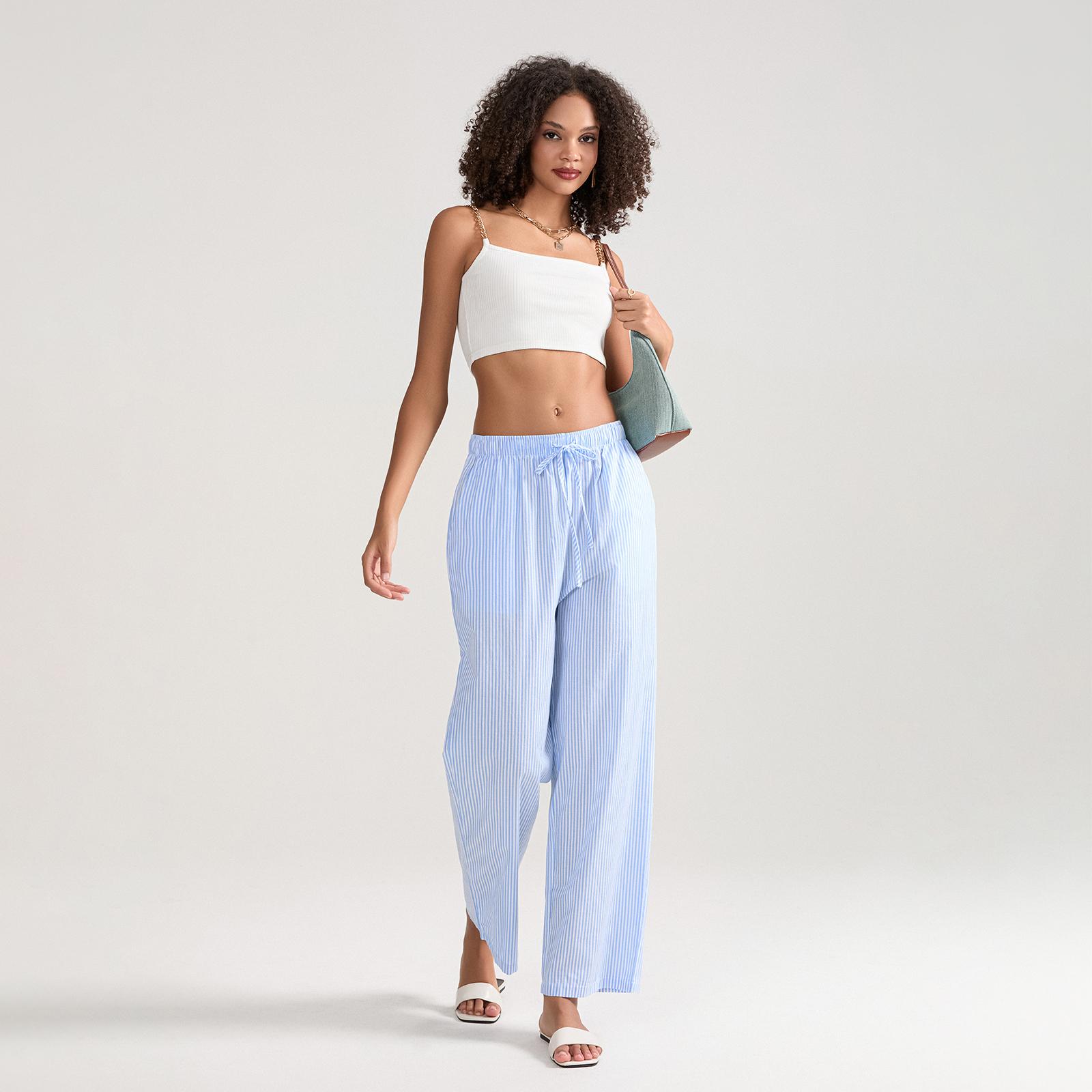 Ladies Female Women's Casual Stripe Print Pants, Drawstring Elastic Waist Loose Straight Long Pants with Pockets Womenswear Trousers Streetwear