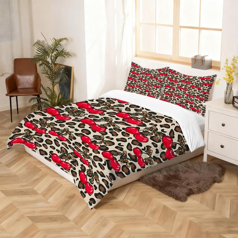 2/3Pcs Leopard Print Cherry Pattern Duvet Cover Set , Retro Sweet and Cool Girl Style Bedding Set, Wild Tension, Sweet Vitality, Full of Retro Sweet and Cool Bedroom Atmosphere, Including 1 or 2 Pillowcases - No Padding/Zipper Closure
