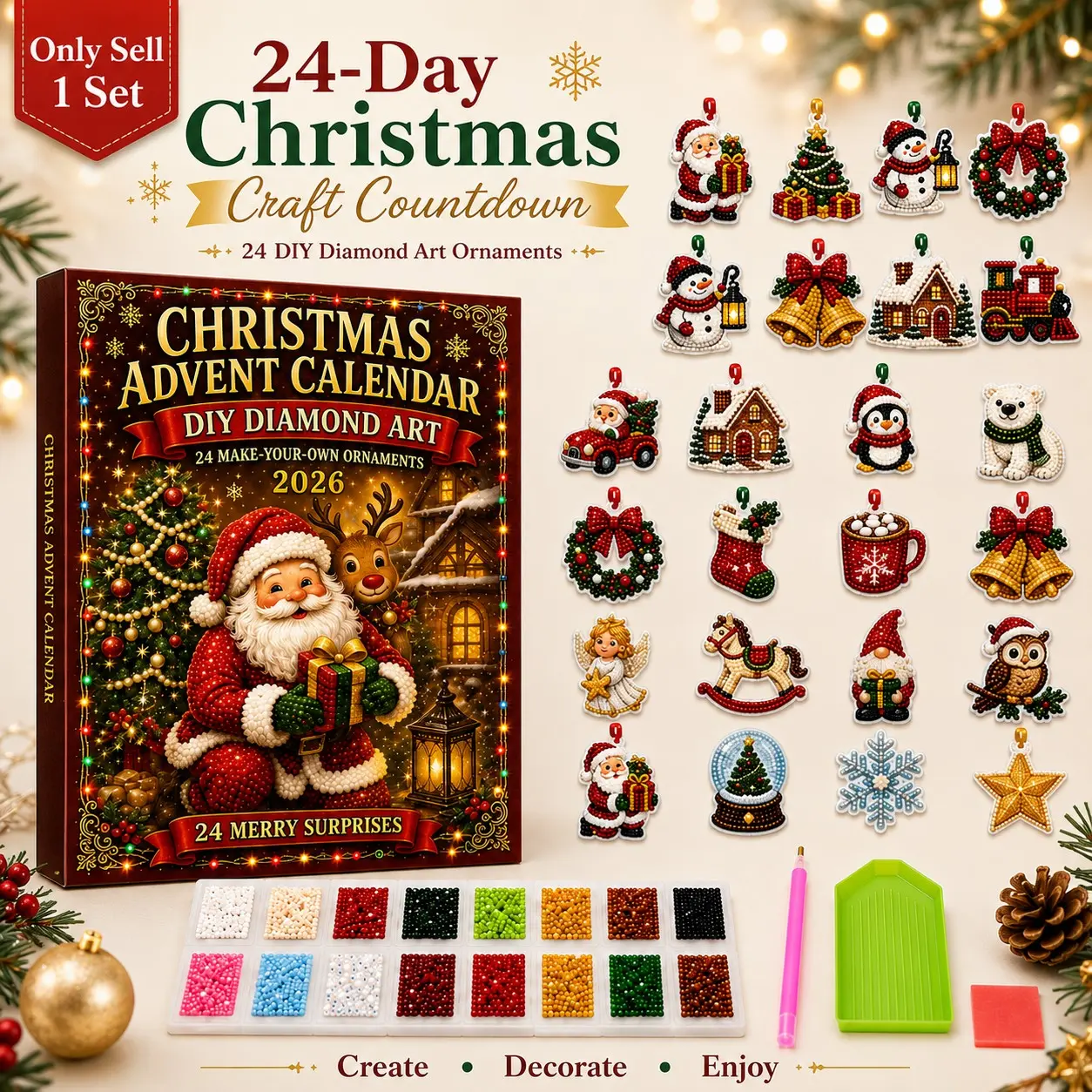 2026 DIY Diamond Art Christmas Ornaments Kit, Christmas Advent Calendar Decorations, 24-Day Countdown Hanging Crafts for Christmas Tree and Home and Holiday Party Decor, Perfect Holiday Gift and Decoration