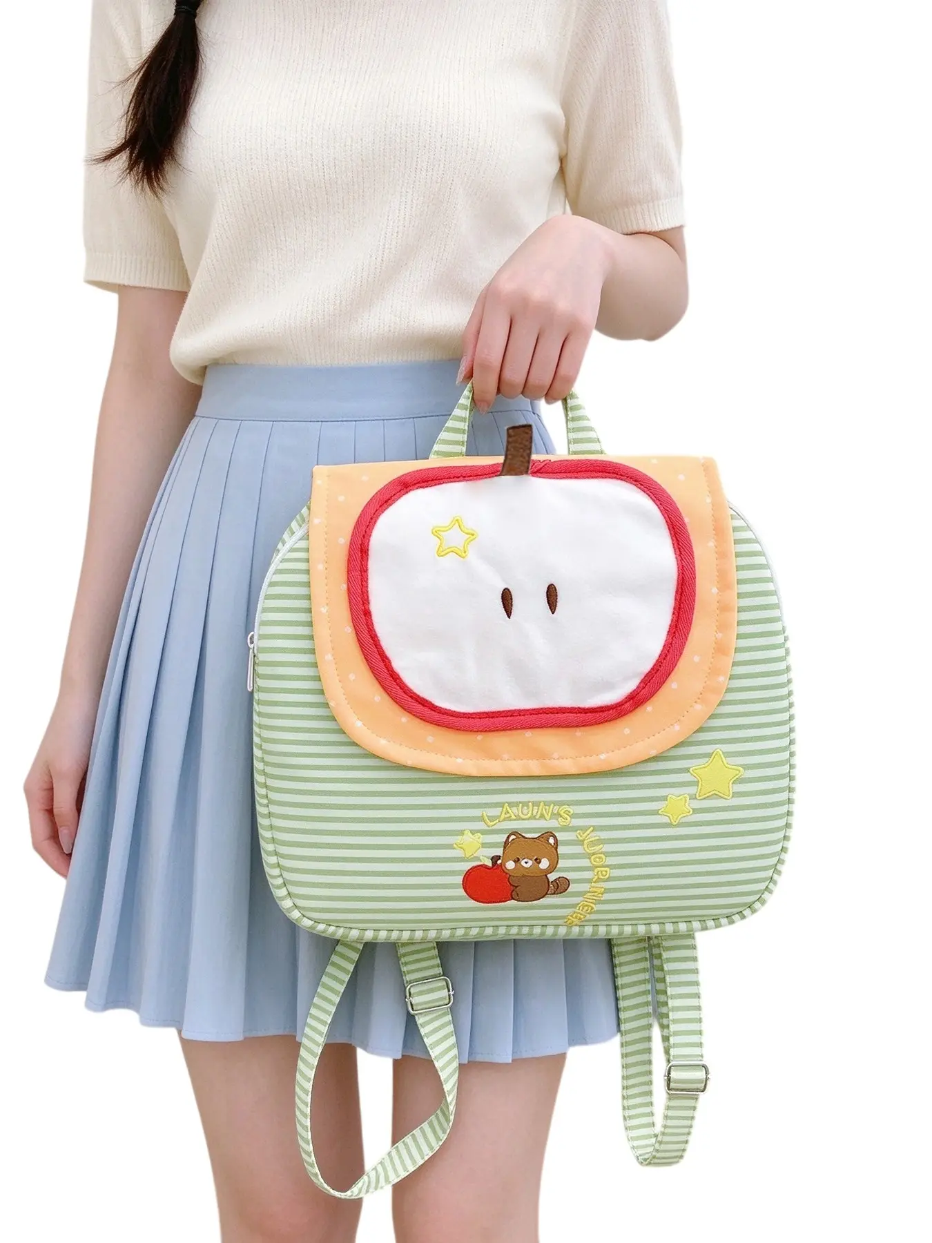 Cute Apple Stripe Backpack, Versatile Large Capacity Design, Women's Casual Travel Bag, Perfect Gift, Stylish and Functional