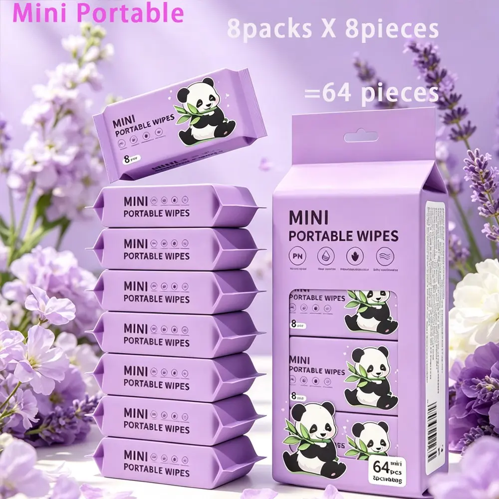 64 Pcs Mini Portable Wet Wipes, Unisex Travel Cleaning Supplies, Pet & Outdoor Use, Unscented No-Rinse, Ideal for Festivals