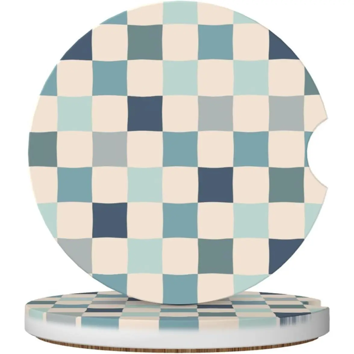 Aesthetic Checkered  Coasters for Cup Holders,2 Pack  Cup Holder Coasters for ,Ceramic Absorbent  Coaster with A Finger Notch and Cork Base, Interior Accessories for Women Men