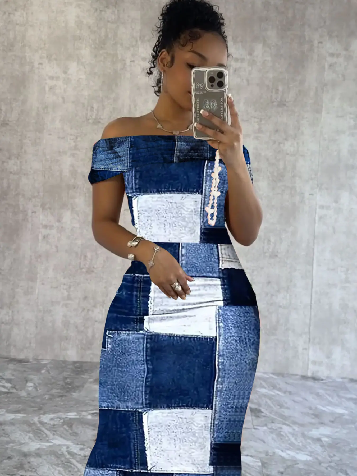 New European and American Women's Clothing, One-Shoulder Wrap Top, Denim Print Long Dress, Available for Sale Now, Casual Dresses