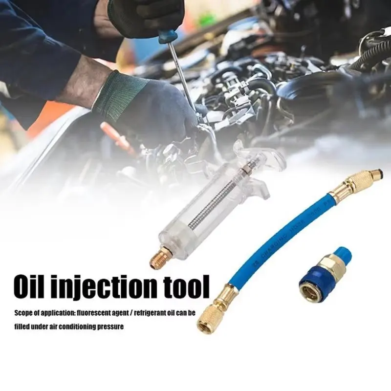 Car A/C Oil/Dye Injector 1Oz With R134A Low Side Quick Coupler Adapter 1/4 Air Conditioning Oiler Injection Syringe Repair Tools