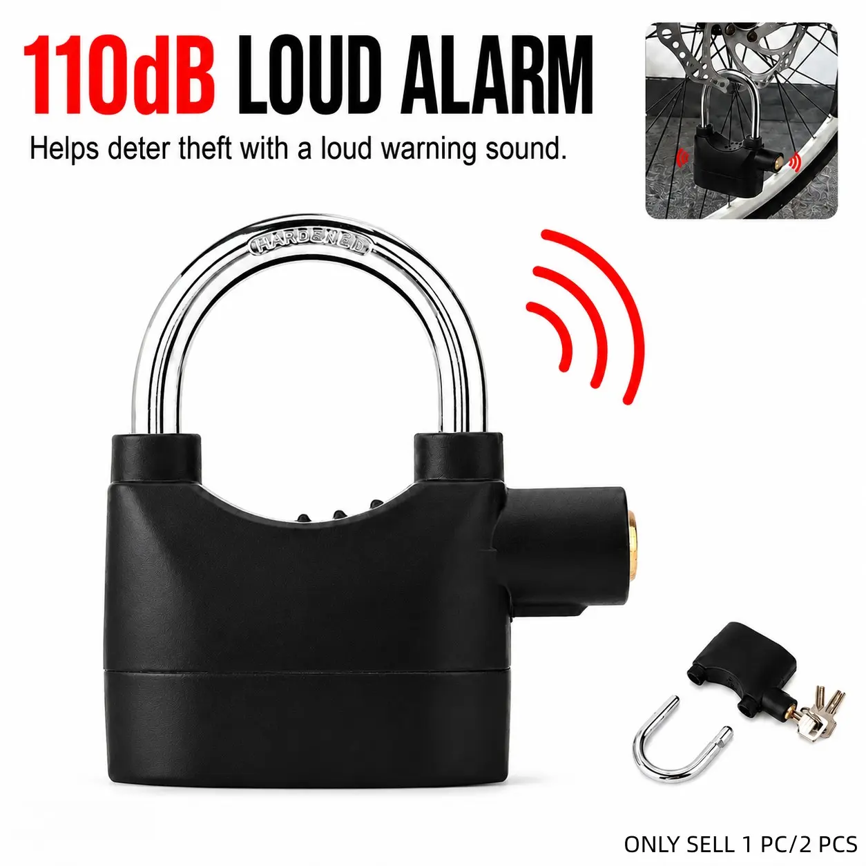 110dB Alarm Hanging Lock with 3 Keys, Outdoor Anti-Theft Security Padlock, Portable U Shackle Lock for Garages, Fences, Sheds, Bikes, Scooters and Motorcycles