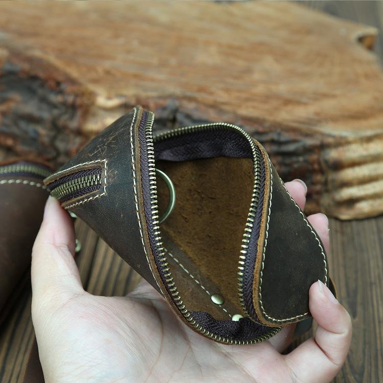 Men’s & Women’s Leather Key Bag, Retro Crazy Horse Leather Zipper Wallet for Car Keys, Card Holder, Stylish Key Organizer, Multi-purpose Keychain for Daily Use, Travel, Gifts