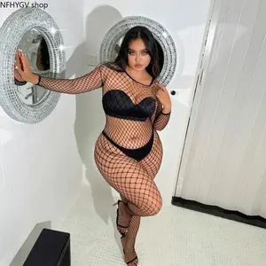 Full Figure Plus Size One-Piece Intimate Outfit Featuring Soft Elastic Fishnet Texture, Simple Pull-On Construction With Functional Open Crotch Detail, Sleek Sexy Nightwear Perfect For At-Home Bedroom Styling And Romantic Evening Date Outfit Collocation