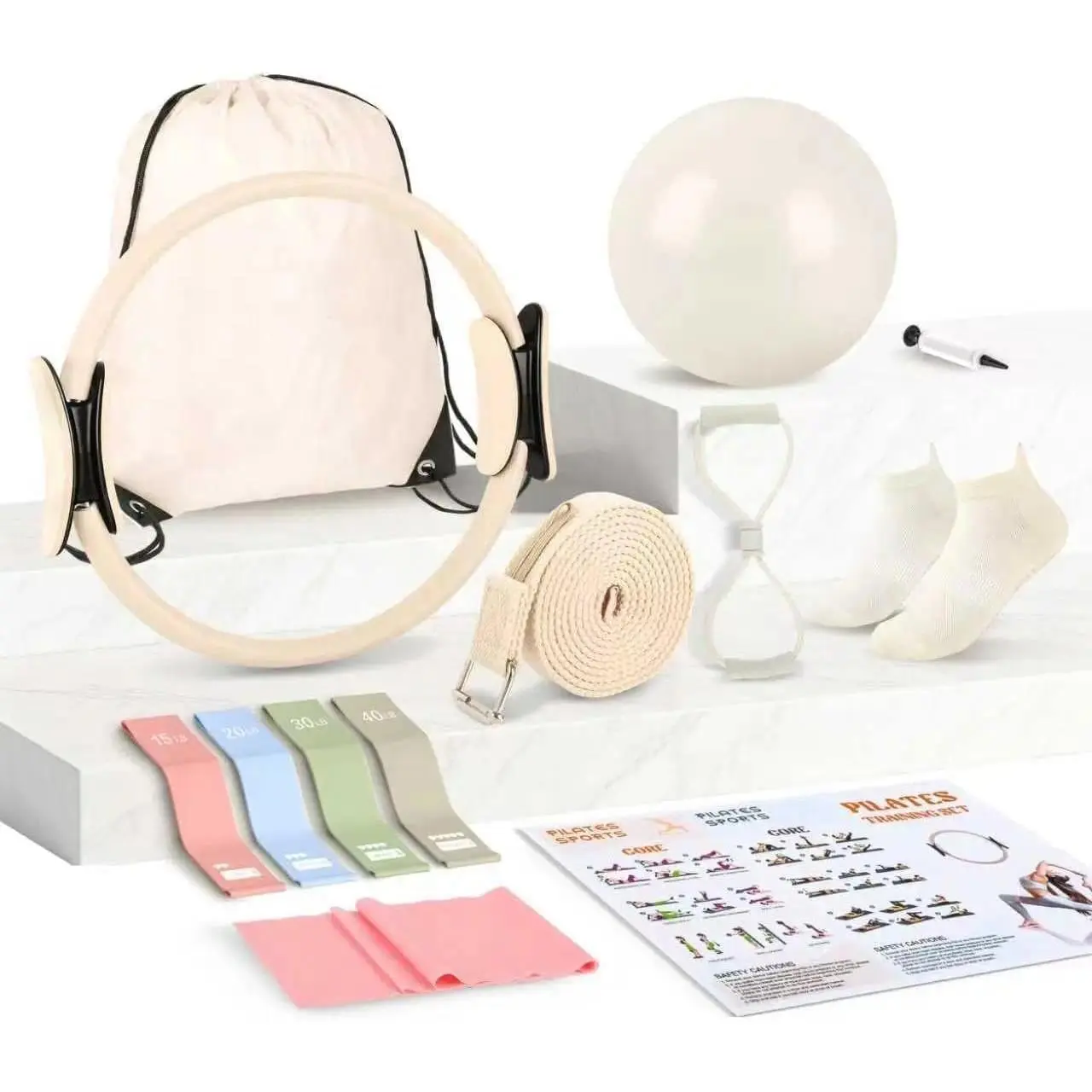 Pilates Kit Women's  Pilates Kit  White Series Yoga Ball 15-inch Pilates Ring Instruction Manual Figure-8 Resistance Band and Other Accessories for Beginners for  Workouts
