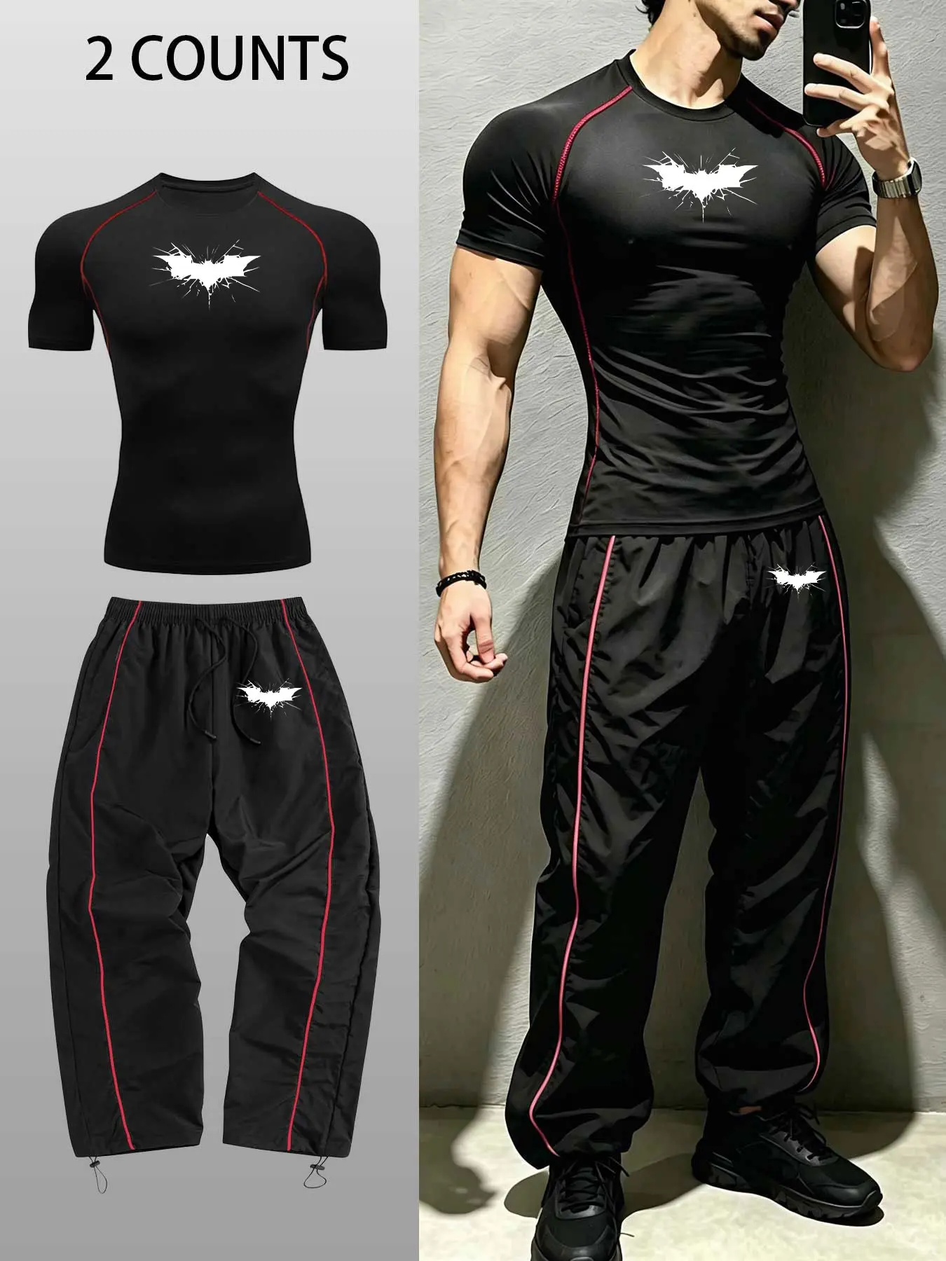 Men's 2pcs Sportswear Set: Trendy Bats Printed Athletic Top and Jogger Pants with Elastic Waistband. Suitable for Gym Workouts, Jogging, and Various Other Sports. Machine Washable, Not Dry Cleanable. Versatile for Casual Attire.