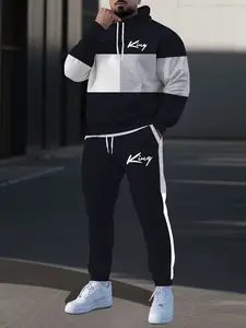 Autumn Winter Striped Printed Hoodie Set, Casual Long Sleeve Hooded Sweatshirt + Pants, Letter Signature Pattern, 2-Piece