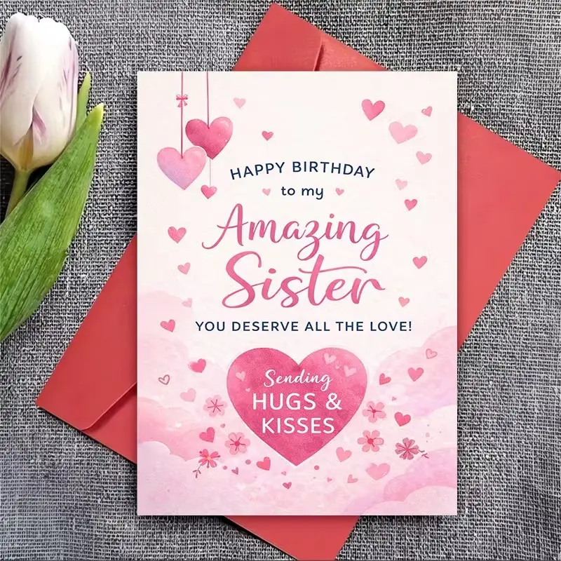 Happy Birthday Card for Sister, Heart Design, Includes Envelope, Perfect Gift for Siblings, Express Love and Warm Wishes