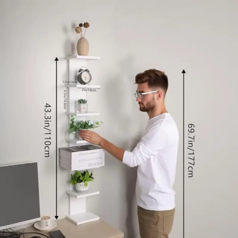 Seven-layer vertical suspended storage rack - Wall-mounted narrow wooden shelf, suitable for bedrooms, living rooms, bathrooms - Retro-style sturdy wooden frame, seven-layer storage design, easy installation, saves space