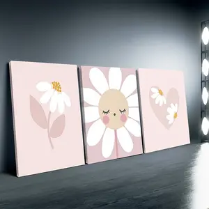 2D flat, framed, 3-piece framed daisy wall art, minimalist daisy poster, bohemian floral wall painting, pink wildflower wall decoration, framed, fashion-themed