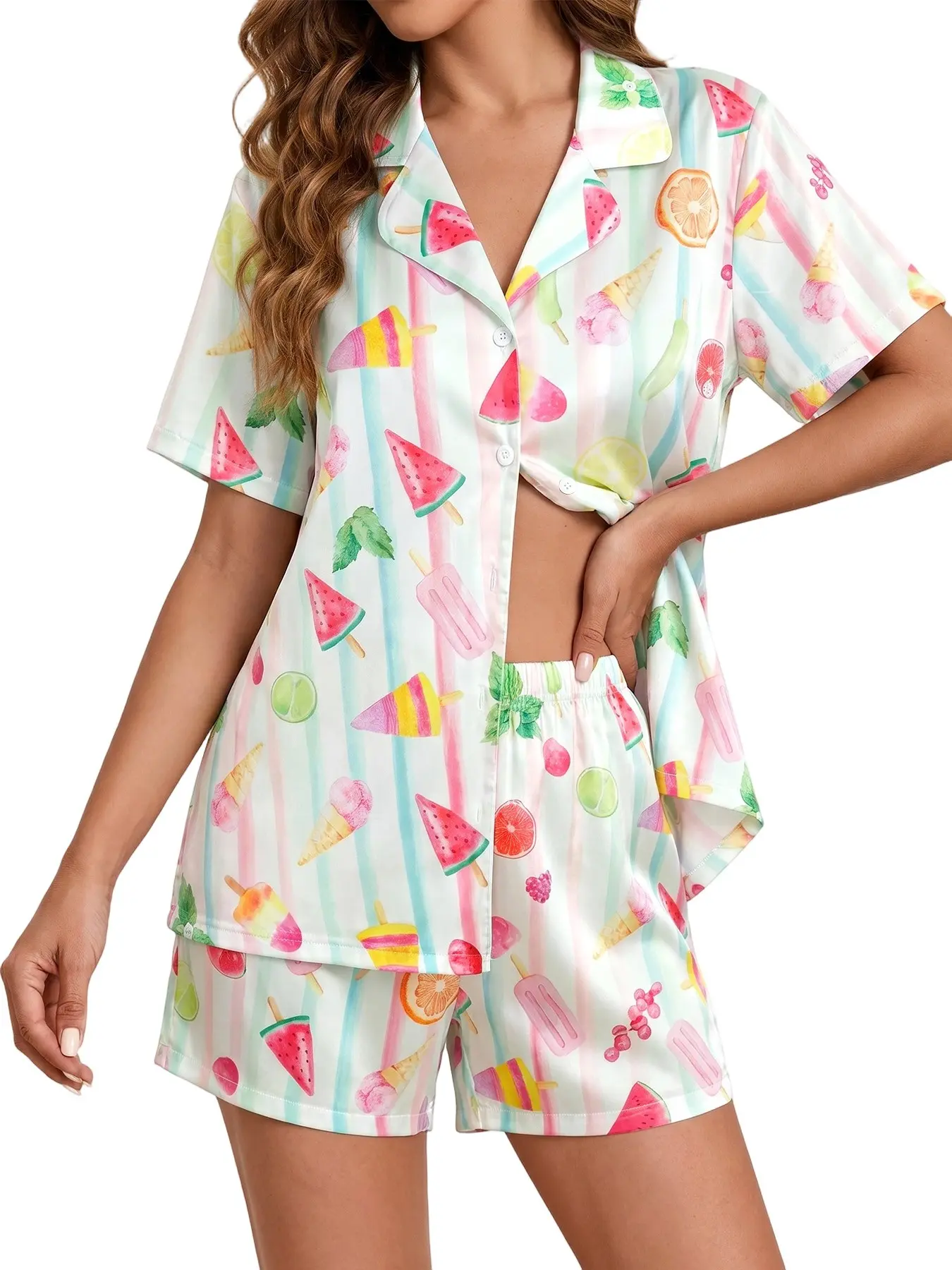 Women's Strawberry Cake Print Pajama Set, Casual Comfy Lapel Neck Top & Adjustable Drawstring Waist Shorts, Summer Sleepwear, Loungewear