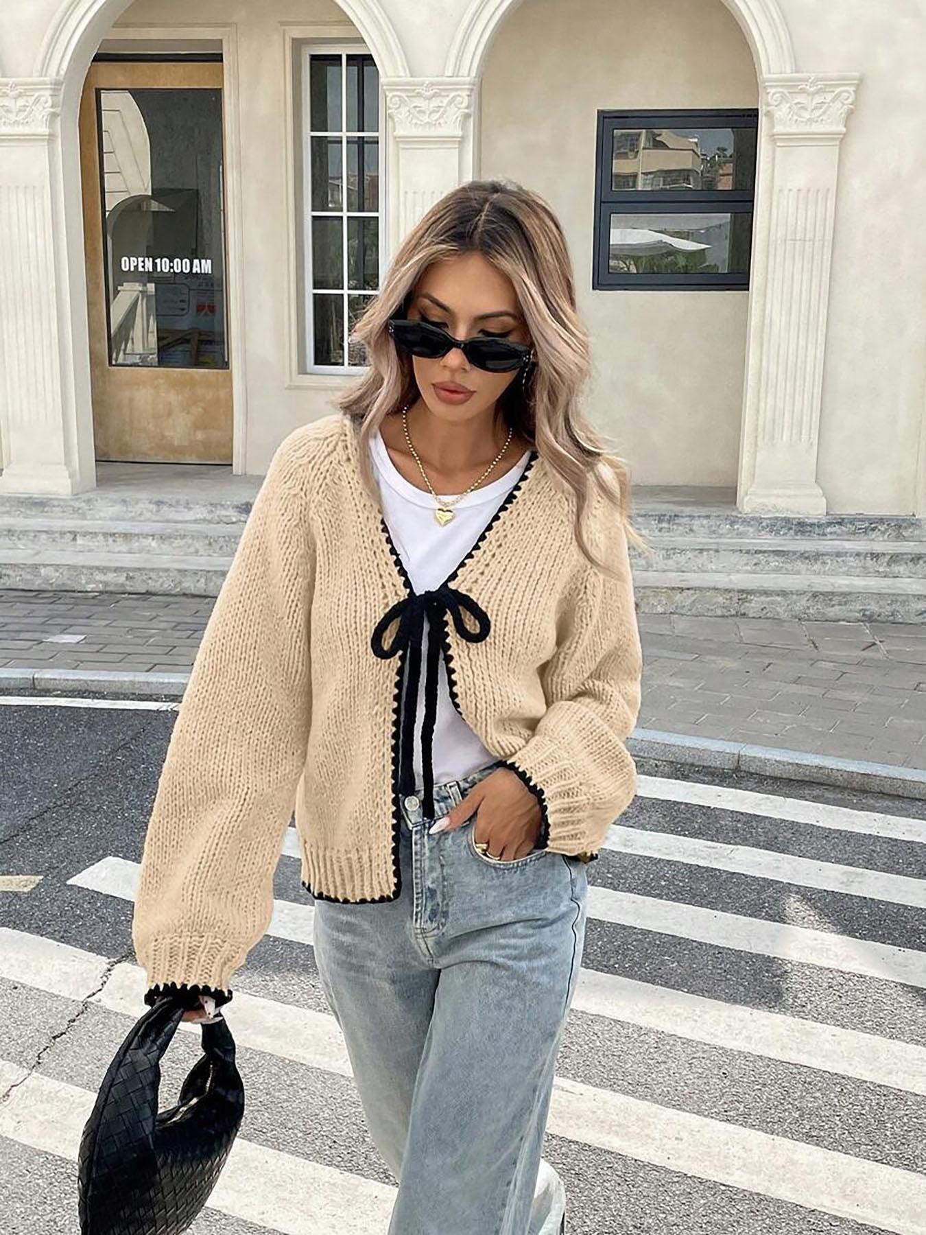 New Contrast Color Knitted Cardigan with Self-Tie Long Sleeves, Stylish Casual Knit Sweater Jacket for Women, Unique Design for Everyday Looks