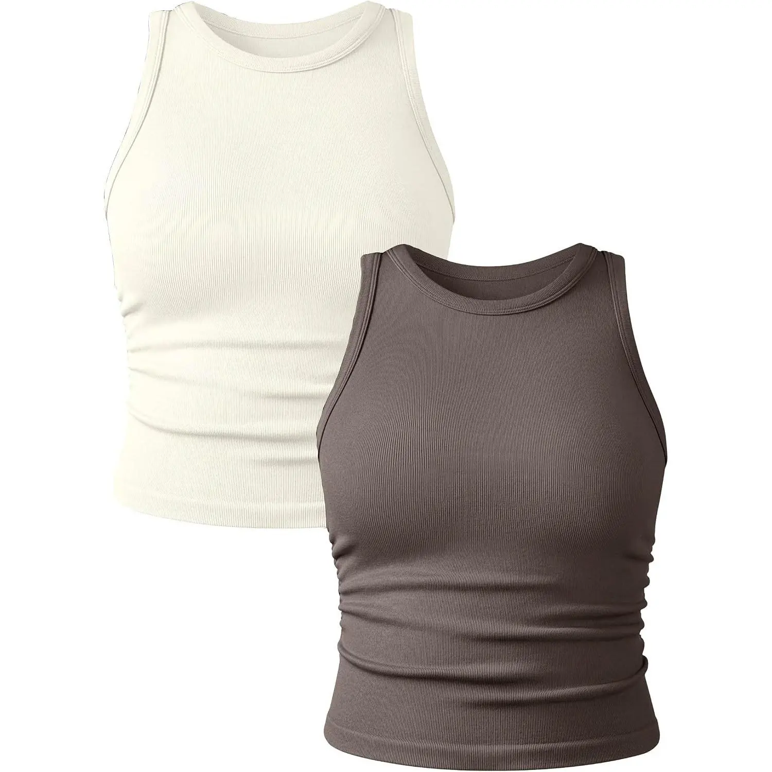 Women's 2 Pieces Basic Seamless Tank Tops Sleeveless Crew Neck Workout Exercise Crop Camis