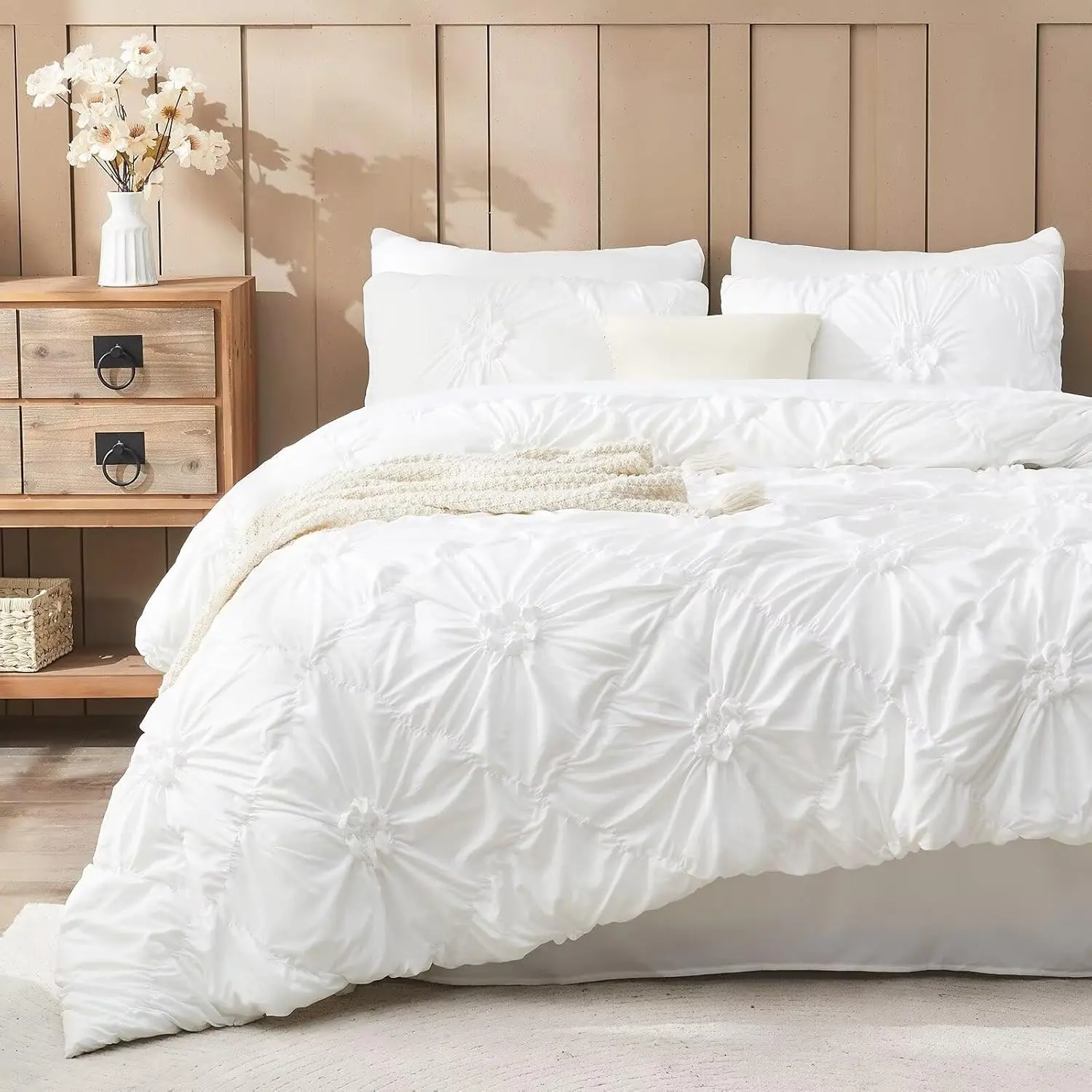 White Comforter Set King Size Bed in A Bag 7 Piece Pleat Bedding Set, Pintuck Ruched Flowers Bed Set with Comforter, Sheets, Pillowcases & Shams