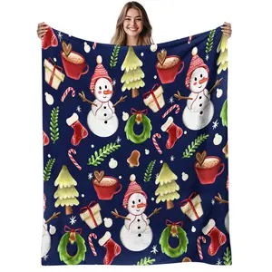 1Pc Cozy Snowman Flannel Blanket - Soft Warm 280Gsm All-Season Bedspread With Dark Blue Snowman & Holly Print, Red/Green/Golden Christmas Winter Bedding & S, Couch Sofa Throw, Machine Washable Holiday Decor, Christmas Throw, Camping Theme Blanket, Christm