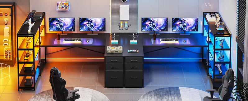 Sikaic 64.5 Inches Reversible U Shaped LED Gaming Desk with RGB Light, 5-Tier Storage, USB Ports, Black Home Office Furniture