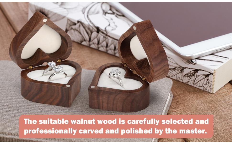 Wooden Heart Shape Ring Gift Box with Single Slot 2 Slot, Personalized Vintage Wood Jewelry Box for Proposal Engagement Wedding Ceremony Anniversary (White -2 Slot)