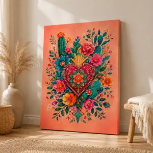 Mexican Folk Art Sacred Heart Vertical Canvas Wall Art, Vibrant Floral Cactus Poster, Bohemian Southwestern Home Decor, Available as Unframed Canvas Poster or Framed Canvas Wra