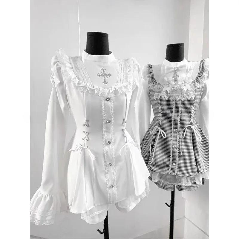 Y2k Aesthetic Lolita Style Bow Dress Shorts Set Women Kawaii Lace Flare Sleeve Bow Shirt Dress Japanese Punk Party Mini Dress