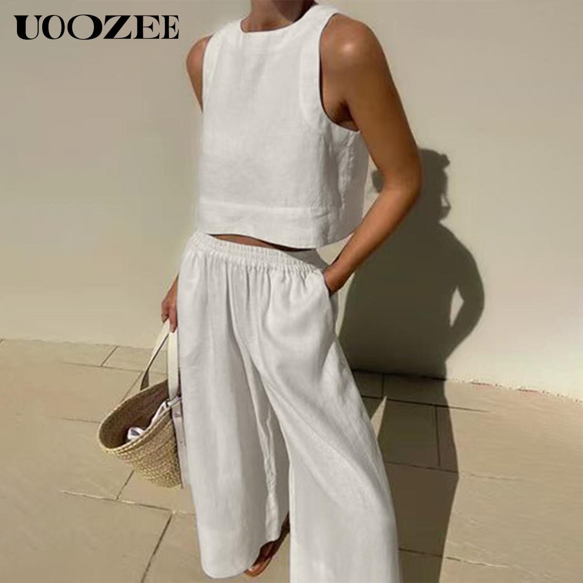 Solid Color Elasticity Wide Leg Sleeveless Round-Neck Two Pieces Set Pants Set