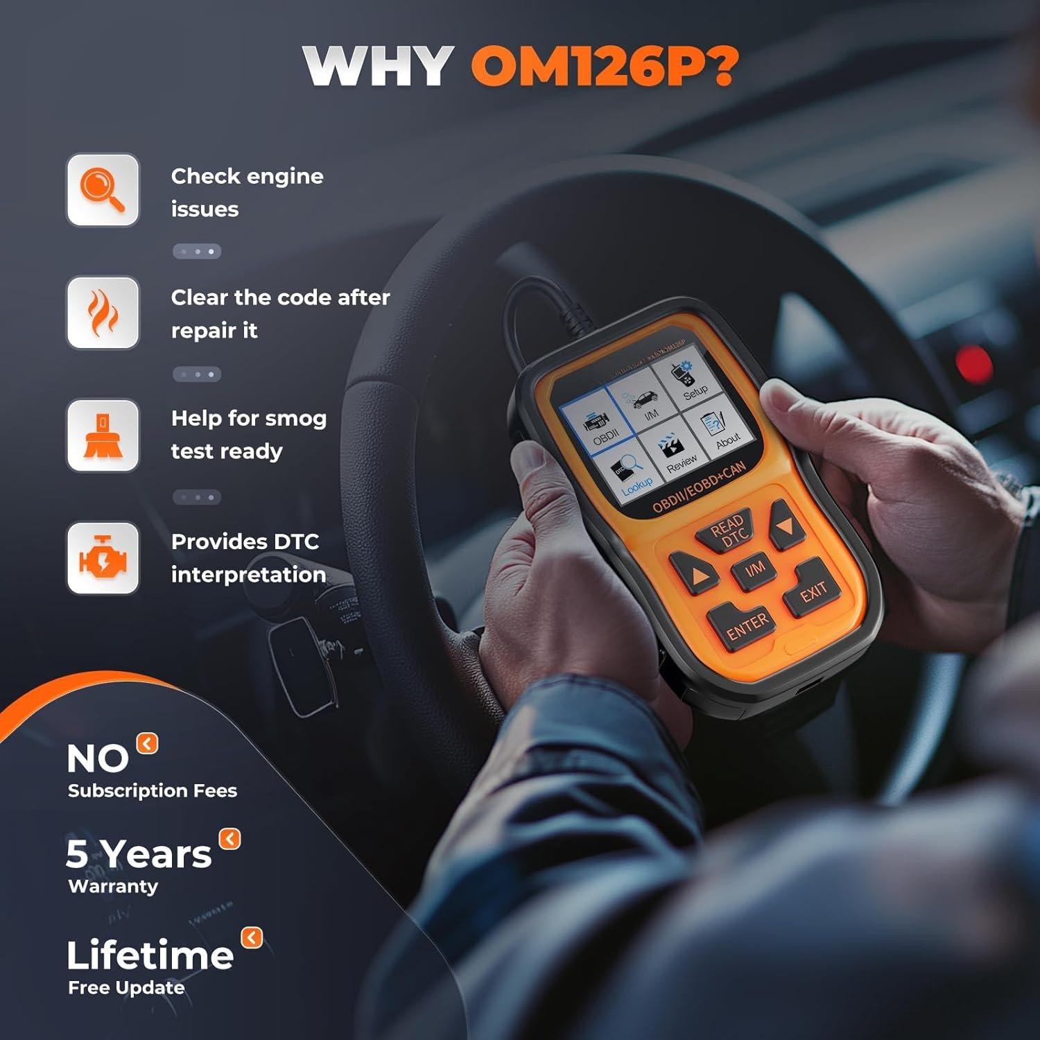 OM126P OBD2 Scanner, Check Engine Light Code Reader,  Code Scanner for Automotive Diagnostic, Read & Clear Fault Code, Pass Smog Test, Live Data, for    After 1996