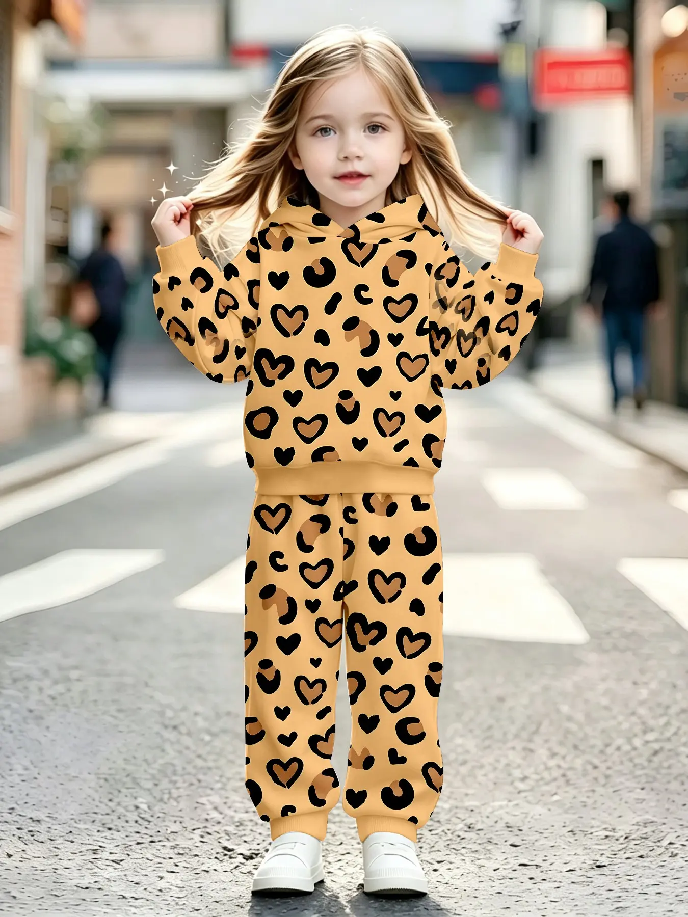 Girls' Heart Leopard Print Hoodie Set, Warm Fitted Jumper & Pants, Casual Fall Winter, Perfect for Parties & Gifts