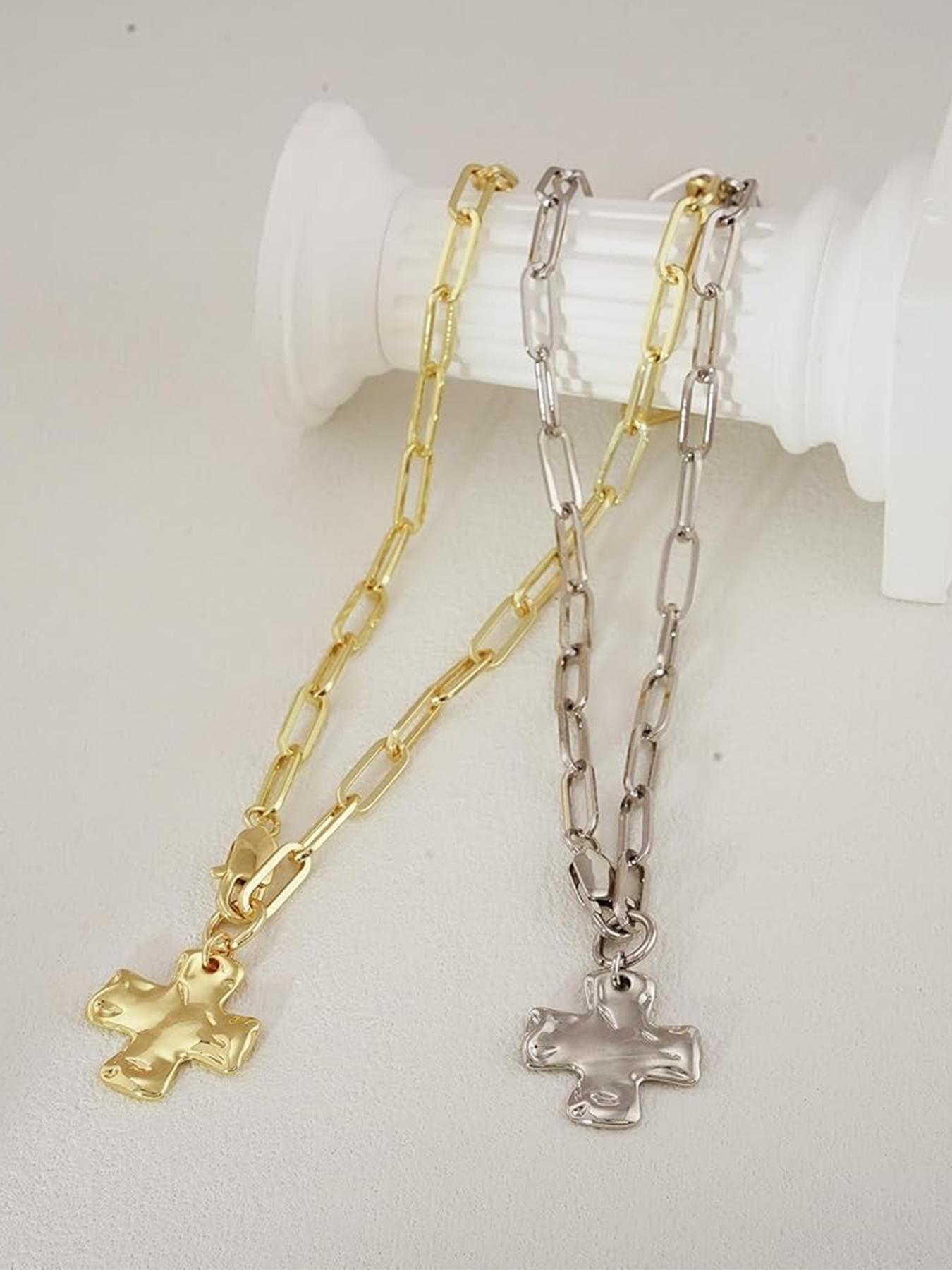 Chunky Cross Necklace for Women Trendy Gold Silver Layered Statement Cross Chain Design Pendant Charm Necklace Vintage Paperclip Herringbone Snake Choker Chain Costume Jewelry Set Gift Non Tarnish