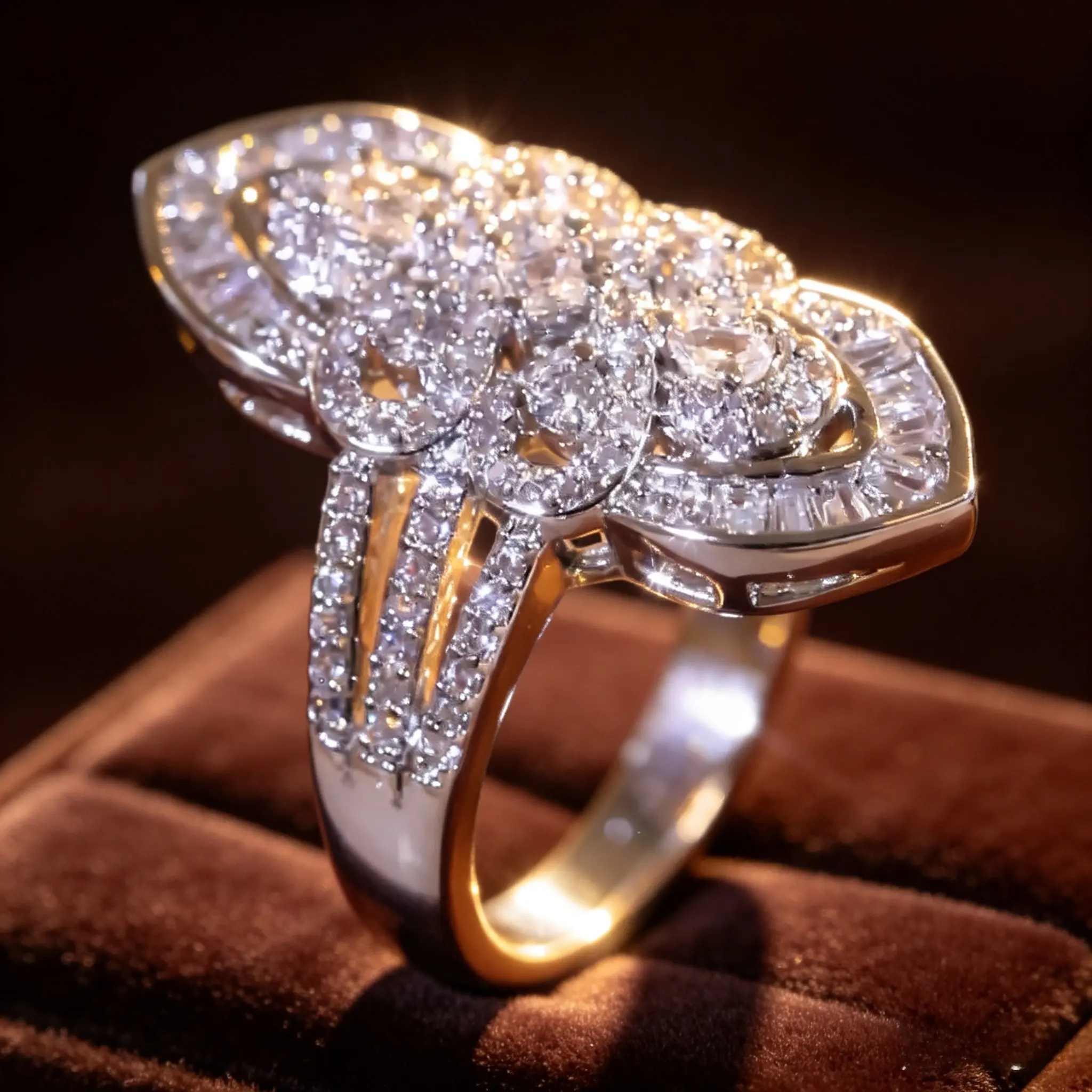 Copper Base Statement Ring, Unisex Leaf-Shaped Design with Multi-Cut Pave Stones, Sparkly Multi-Band for Cocktail Parties, Leaf Cut
