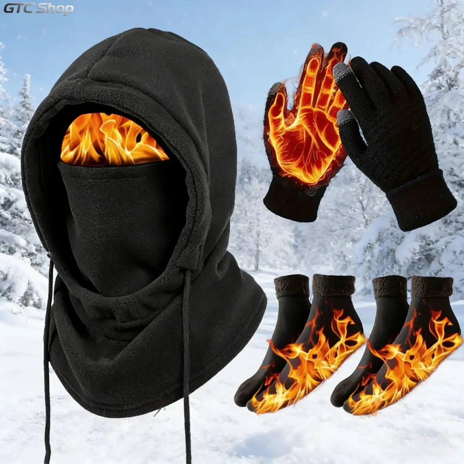 3‑4 Piece Unisex Adult Winter Warm Gear Set, Windproof Warm Kit with Hooded Full‑Face Mask, Gloves & Thermal Socks, Hand‑Washable Extreme‑Cold Weather Accessories for Skiing, Cycling, Snowboarding, Perfect Christmas & New Year Holiday Gift