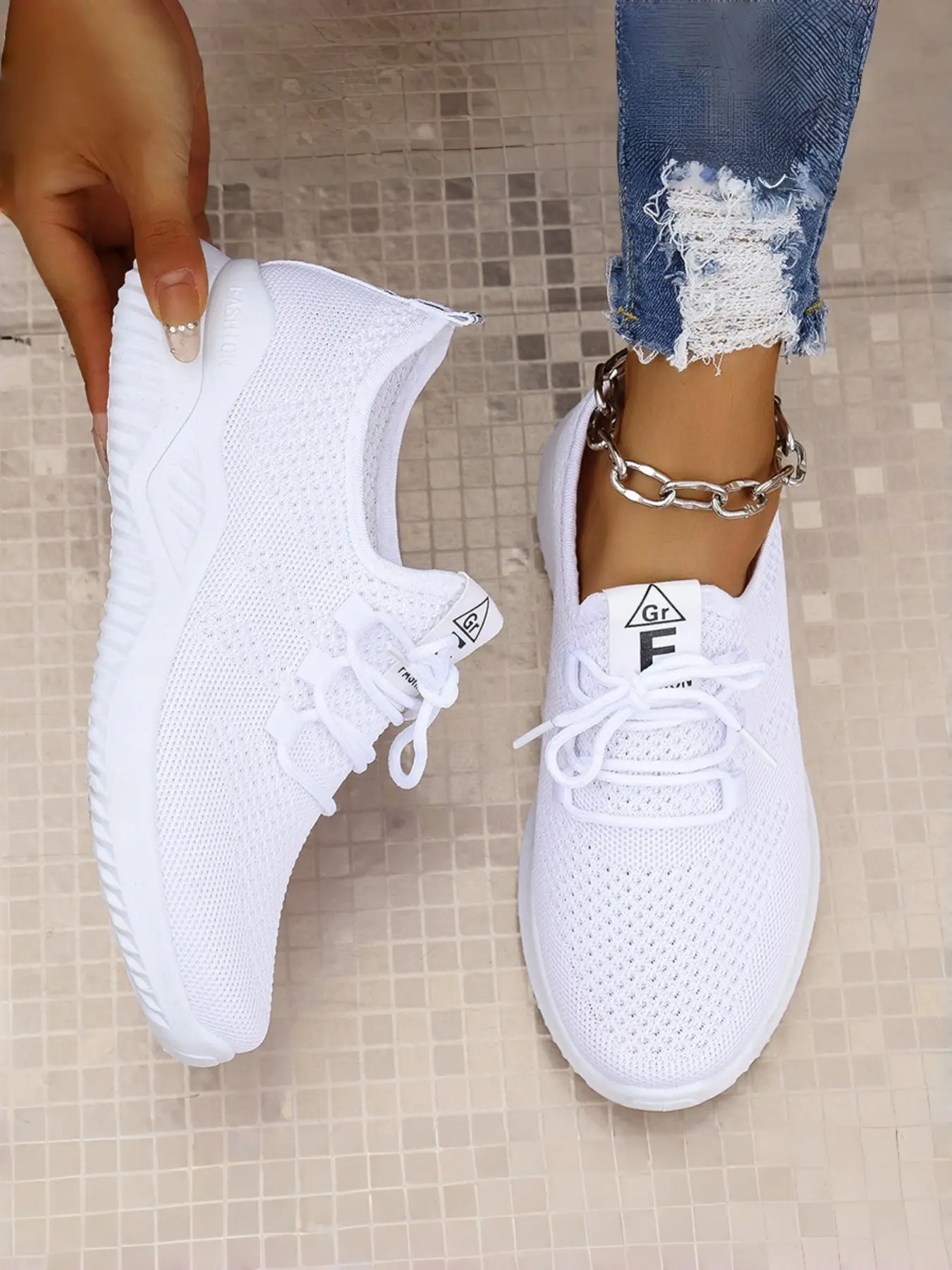 Women's Multi Solid Color Hollow Fly Knit Lace Up Low Platform Thick Soled Sneakers, Soft Breathable Mesh Light Non-Slip Textured Thick Sole Casual Walking Sports Shoes for All Seasons Daily Wear