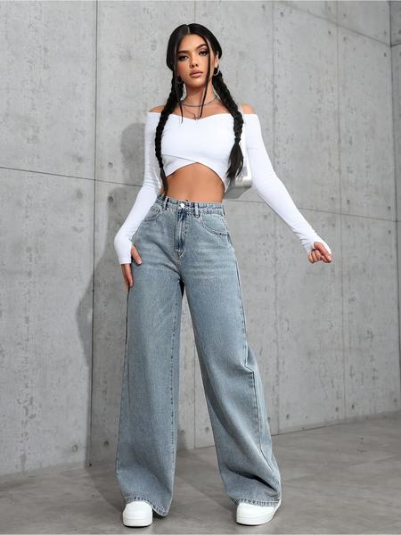 Women's New Fashion Wide Leg Pants Comfortable High Waist Slimming Washed Denim Long Jeans, Elegant Style, All Seasons Wear