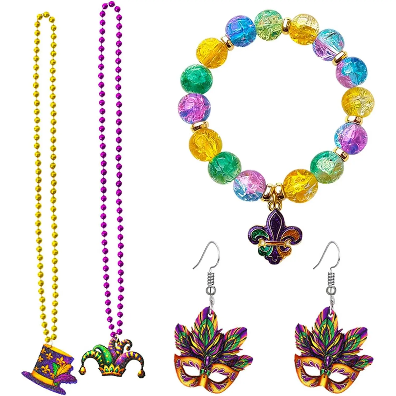 Carnival Necklace Earrings Bracelet Set for Women Crown Mask Charms Necklace Stretch Mardi Gras Bracelet Festival Carnival Parade Party Favor Accessory  Gifts