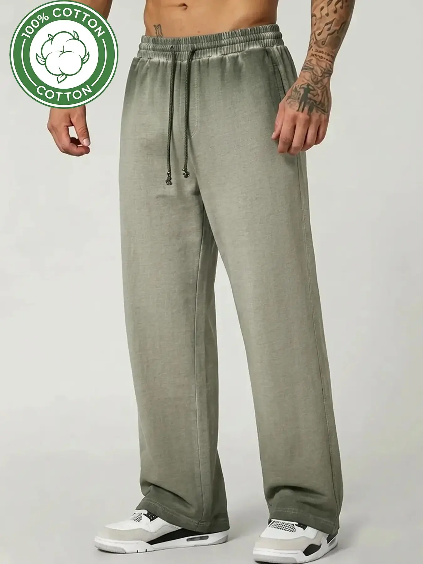 Men's 100% Cotton Wide Leg Sweatpants, Washed Vintage Sporty Casual Long Pants, Drawstring Waist, Versatile Fitness Streetwear, Activewear Pants