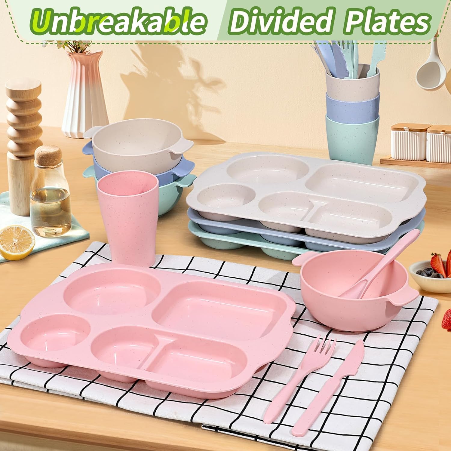 Wheat Straw Cutlery Set, 24pcs/set Including Plate*4 & Bowl*4 & Cup*4 & Cutlery*4 Sets, Reusable Wheat Straw Tableware Set, Dinnerware Service Set for Home School Restaurant